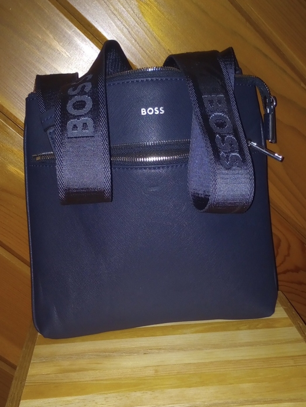BOSS Navy Textured Messenger Bag with Branded Strap